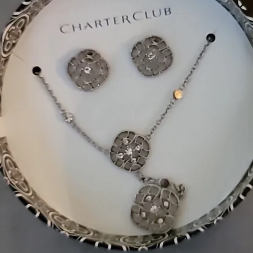 Charter Club Earrings and Pendant Set in Filigree Silvertone NIB